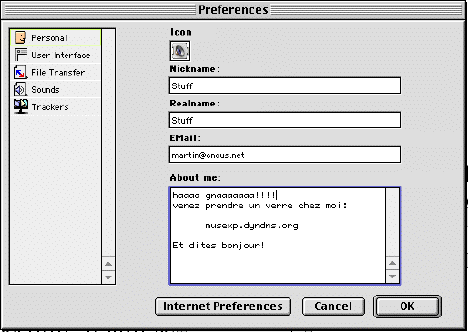 tutorial de carracho �crit par Martin / Stuff : premiere visite ou connexion pas a pas sur un serveur peer to peer. Echange de fichiers sous mac