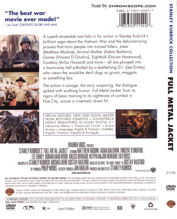 Jaquette DVD de Full Metal jacket (verso)