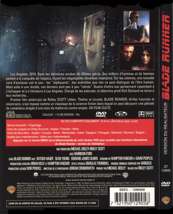 jaquette du DVD de Blade Runner verso