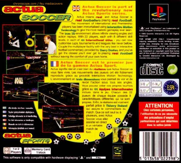 Actua soccer jaquette sur playstation de sony